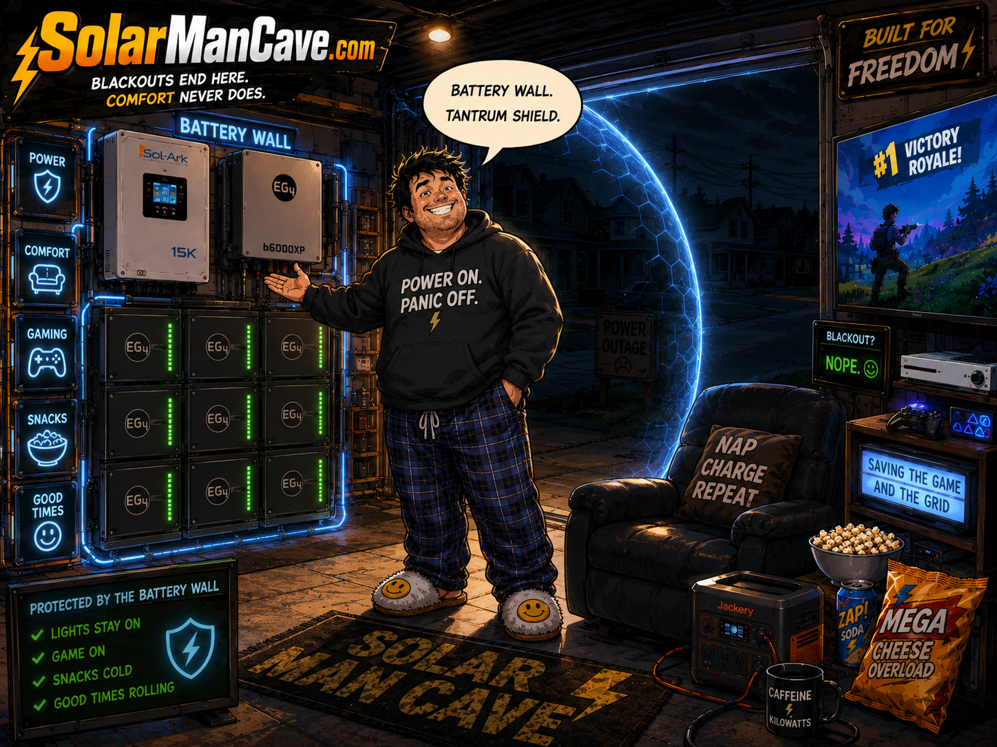 Battery wall protecting the Solar Man Cave during a blackout