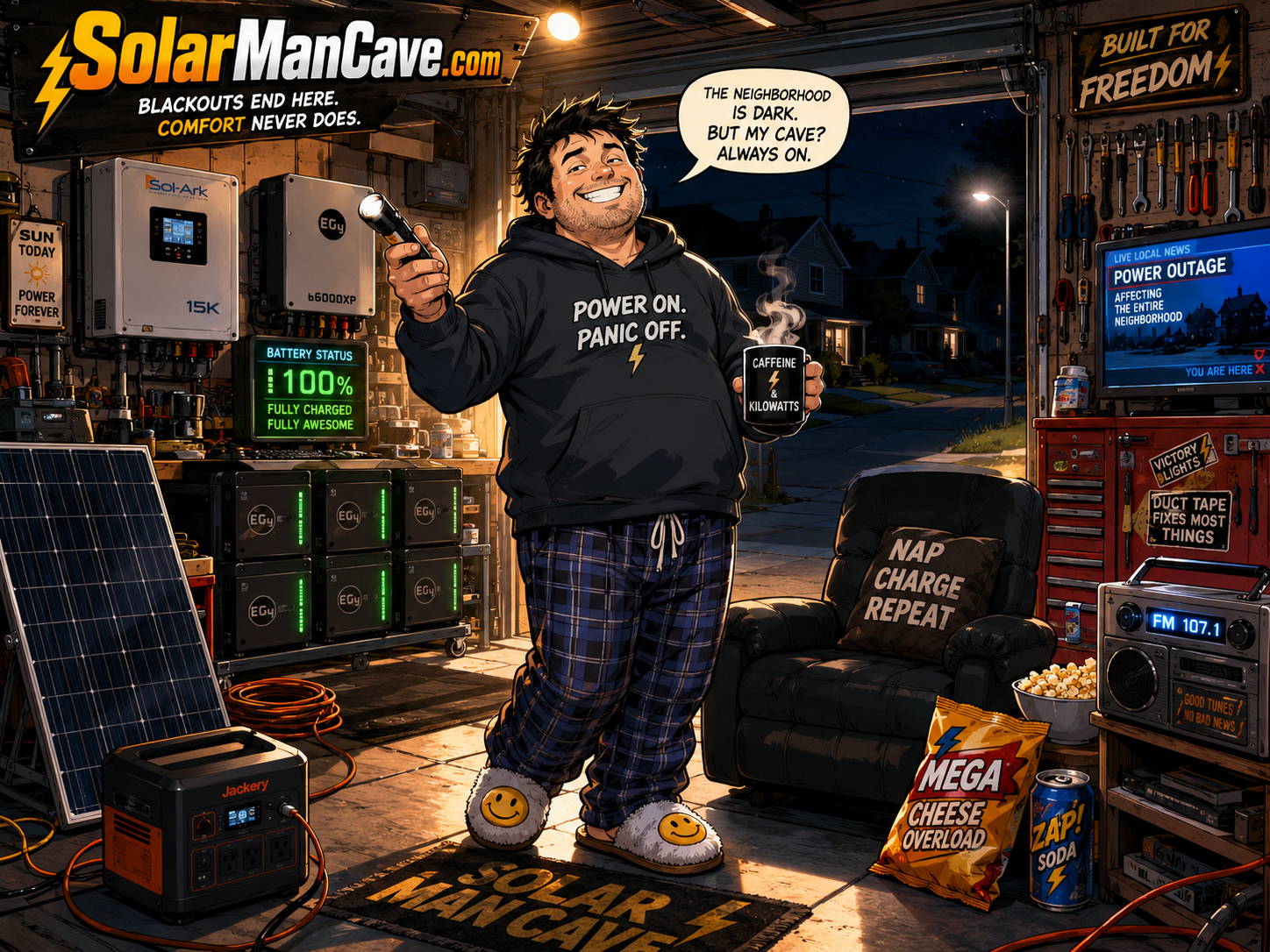 Solar powered garage battery workshop manga scene
