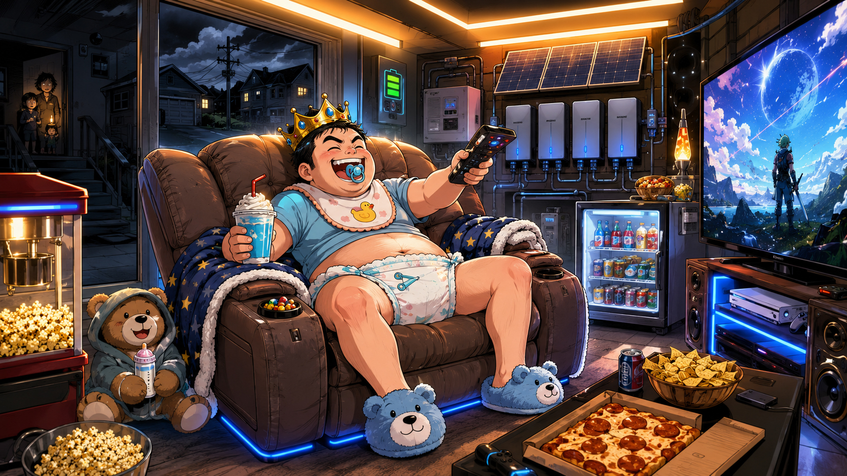 Manga-style blackout-proof Solar Man Cave with a recliner king, battery backup, snacks, and entertainment equipment