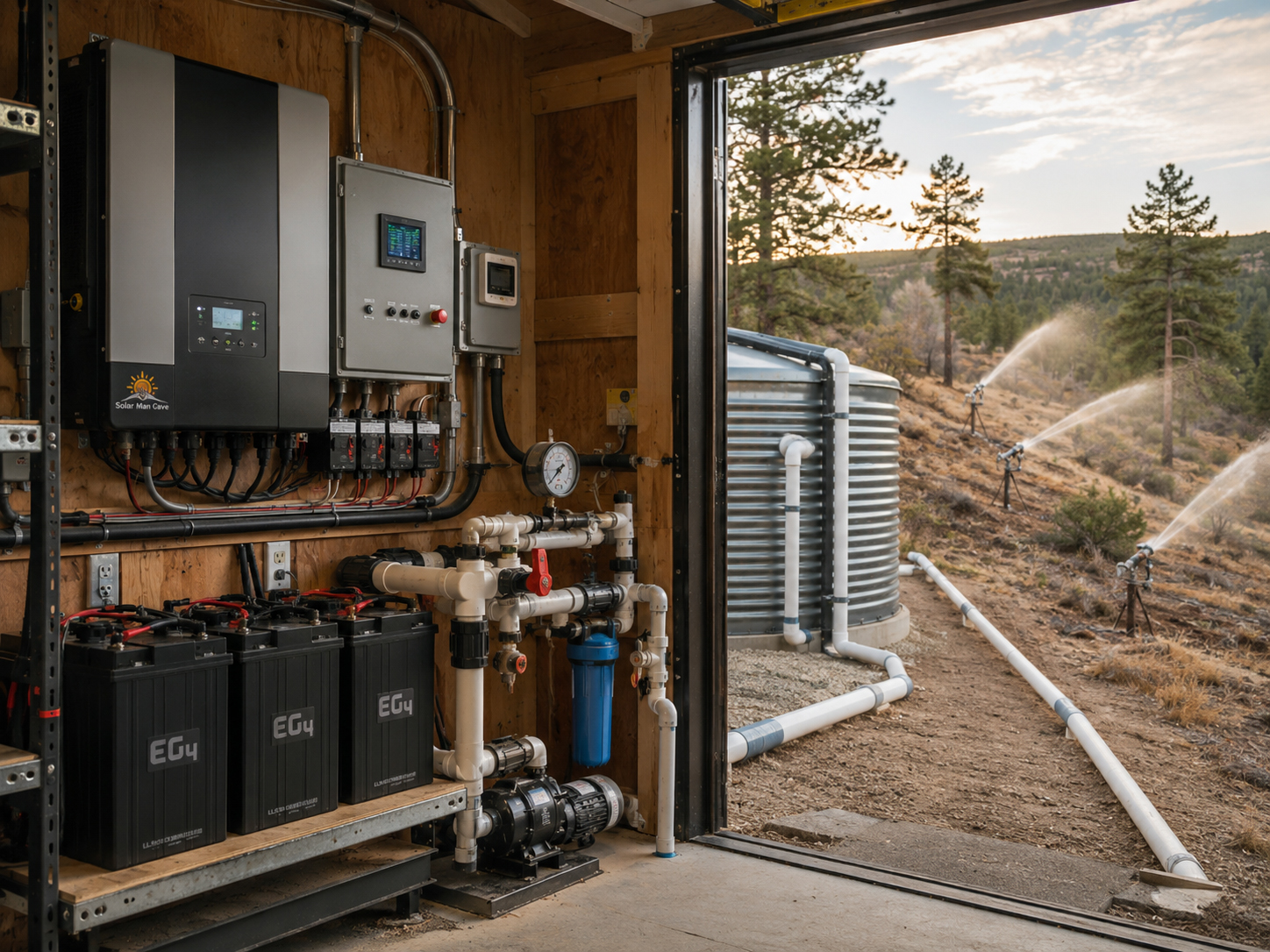 Solar Man Cave off-grid fire station control hub with batteries, pump controls, plumbing, and sprinkler system
