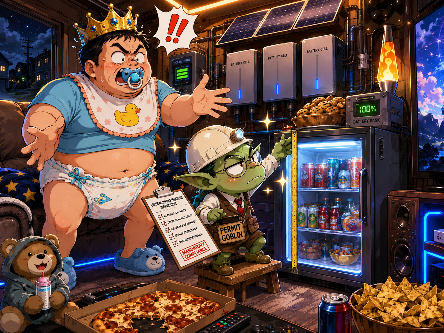 Permit Goblin inspecting mini fridge in Solar Man Cave
