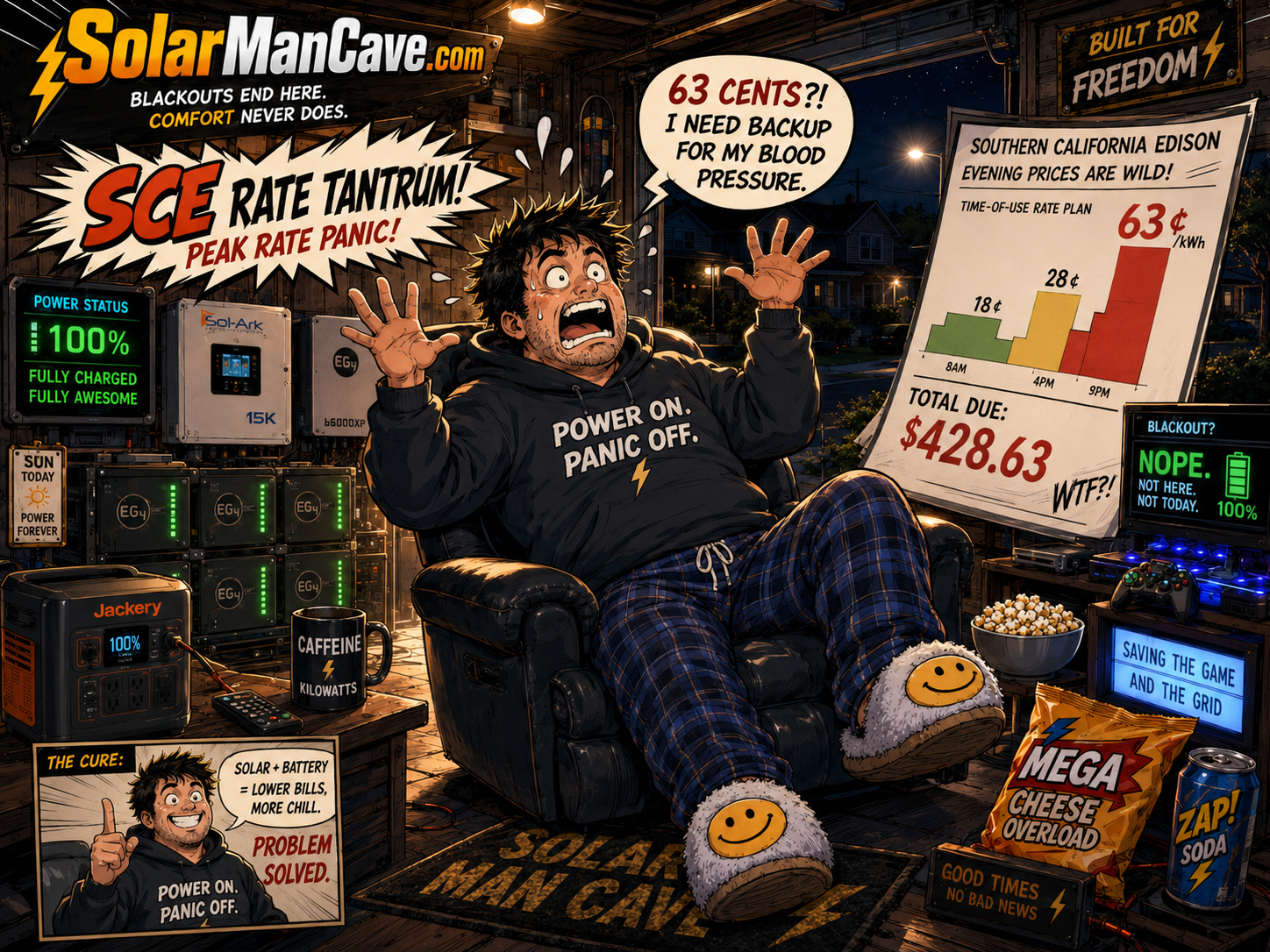 Manga scene of a homeowner reacting to peak electric rates in his man cave