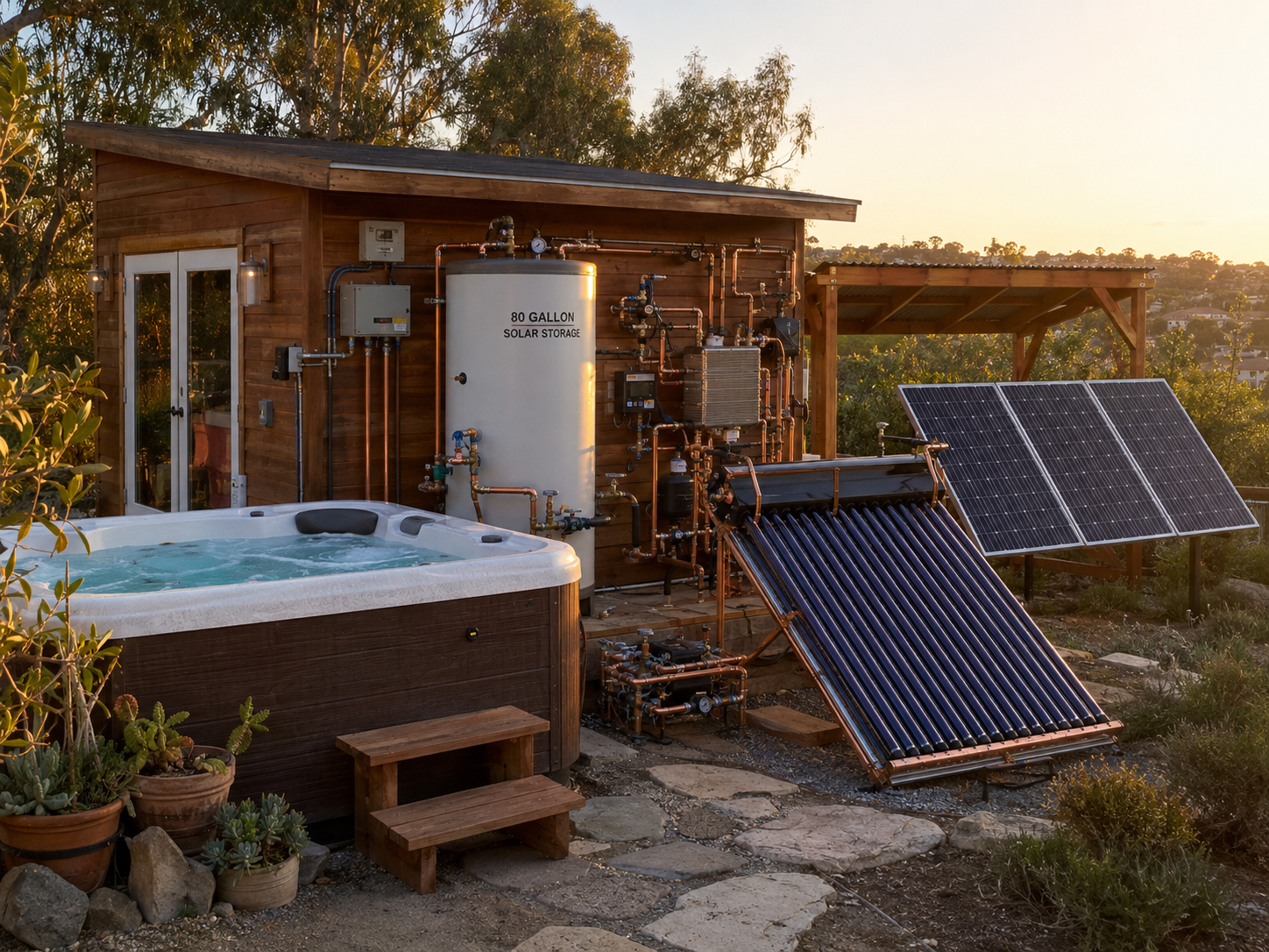 Solar hot tub and thermal system with storage tank, collectors, and plumbing