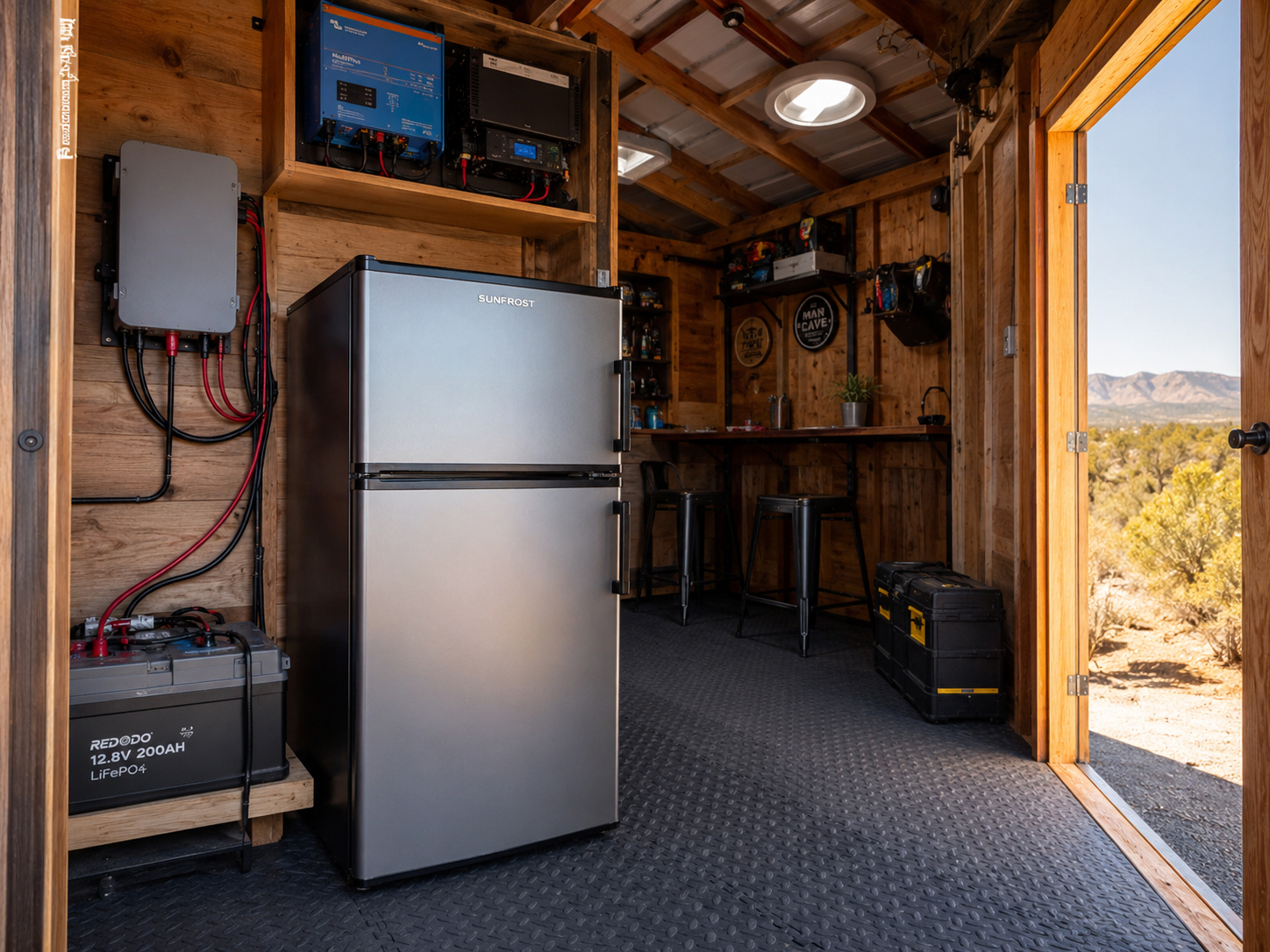 SunFrost DC refrigerator powered by solar and battery equipment inside the Solar Man Cave