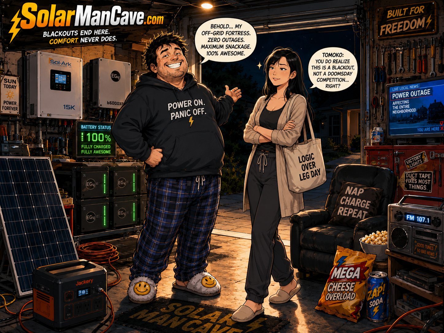 Tomoko giving a reality check inside the Solar Man Cave with battery equipment and powered comfort loads